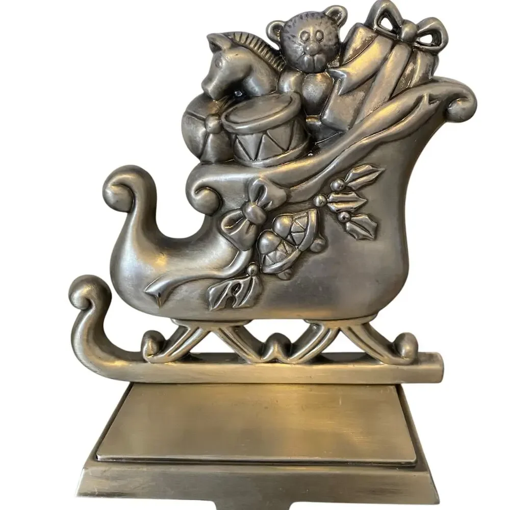 Set of 2 Santa's Sleigh Pewter Finish Christmas Stocking Hanger Hook Santa Claus